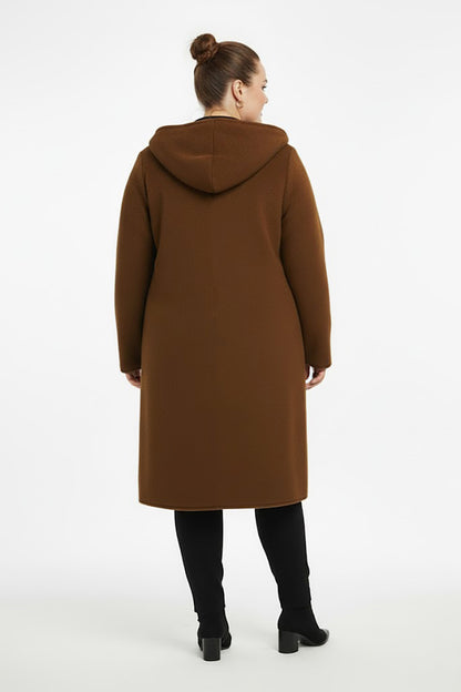 Büyük Beden Ön Fermuarlı Kapşonlu Kaşe Kaban Kahverengi