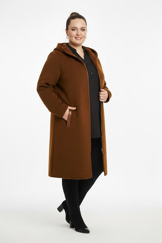 Büyük Beden Ön Fermuarlı Kapşonlu Kaşe Kaban Kahverengi