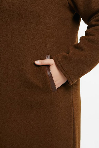 Büyük Beden Ön Fermuarlı Kapşonlu Kaşe Kaban Kahverengi