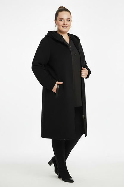 Büyük Beden Ön Fermuarlı Kapşonlu Kaşe Kaban Siyah