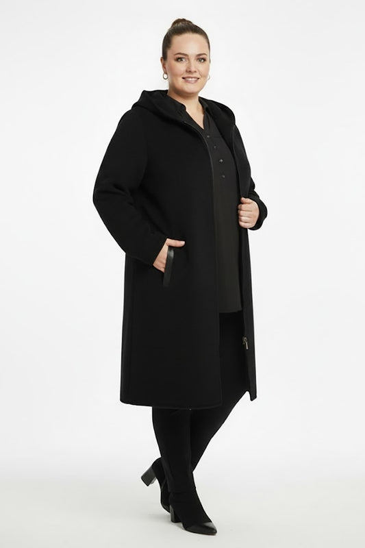 Büyük Beden Ön Fermuarlı Kapşonlu Kaşe Kaban Siyah