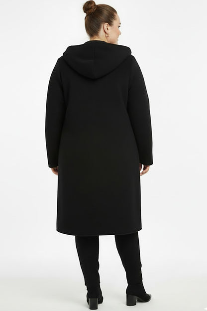 Büyük Beden Ön Fermuarlı Kapşonlu Kaşe Kaban Siyah