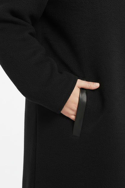 Büyük Beden Ön Fermuarlı Kapşonlu Kaşe Kaban Siyah