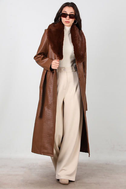 Kadın Timsah Desen Yakası Kürklü Uzun Deri Kaban Kahverengi