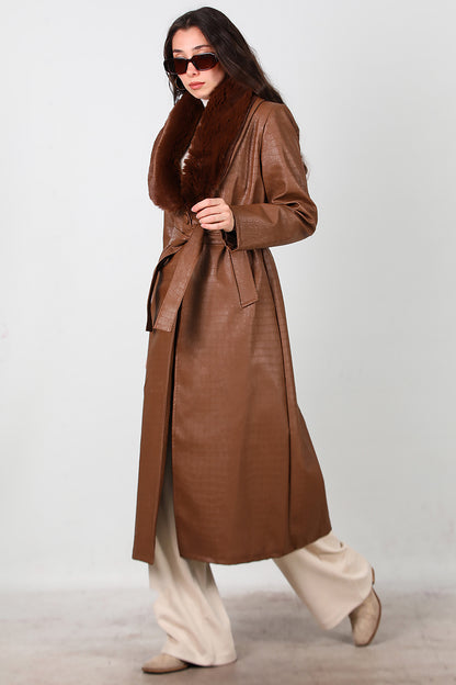 Kadın Timsah Desen Yakası Kürklü Uzun Deri Kaban Kahverengi