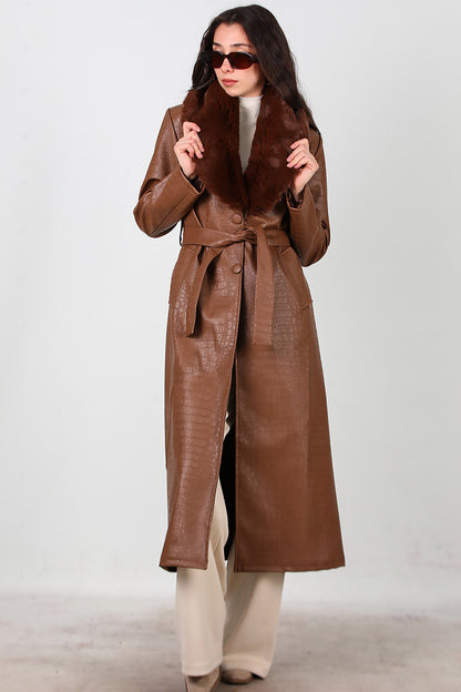 Kadın Timsah Desen Yakası Kürklü Uzun Deri Kaban Kahverengi