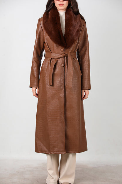 Kadın Timsah Desen Yakası Kürklü Uzun Deri Kaban Kahverengi