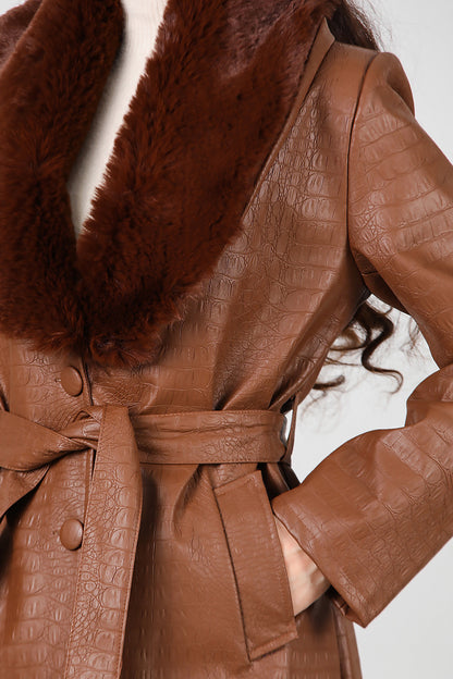 Kadın Timsah Desen Yakası Kürklü Uzun Deri Kaban Kahverengi