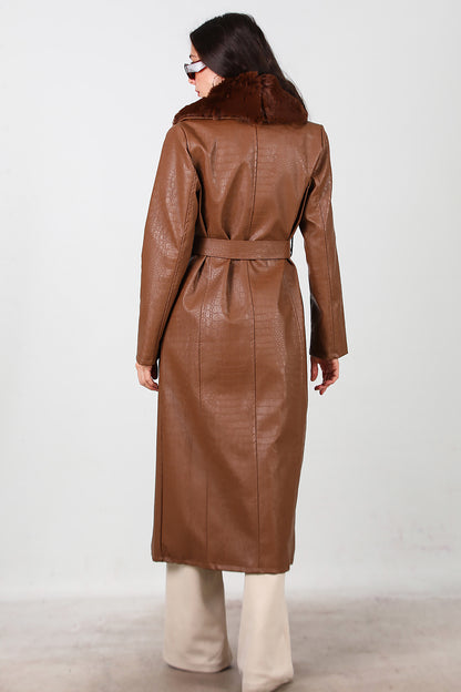 Kadın Timsah Desen Yakası Kürklü Uzun Deri Kaban Kahverengi