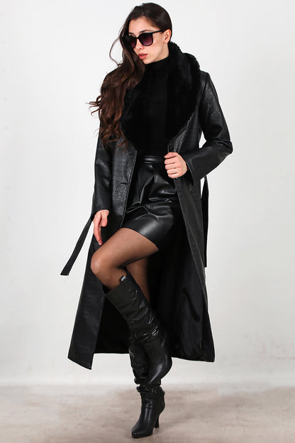 Kadın Timsah Desen Yakası Kürklü Uzun Deri Kaban Siyah