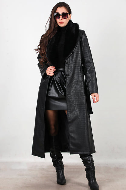 Kadın Timsah Desen Yakası Kürklü Uzun Deri Kaban Siyah