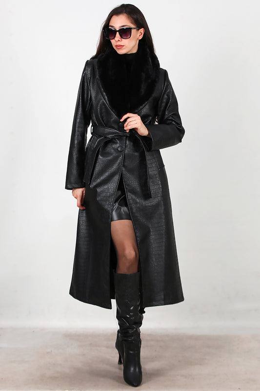 Kadın Timsah Desen Yakası Kürklü Uzun Deri Kaban Siyah