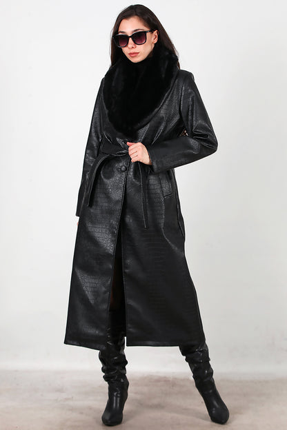 Kadın Timsah Desen Yakası Kürklü Uzun Deri Kaban Siyah