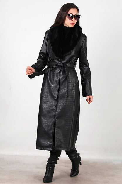 Kadın Timsah Desen Yakası Kürklü Uzun Deri Kaban Siyah