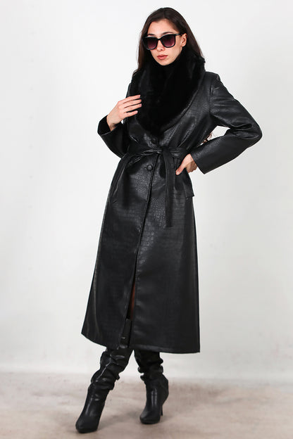 Kadın Timsah Desen Yakası Kürklü Uzun Deri Kaban Siyah