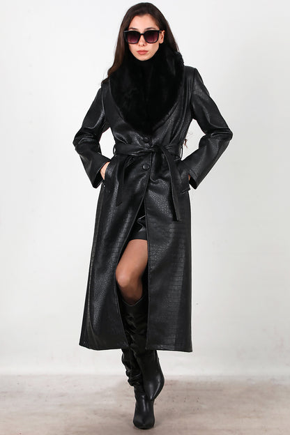 Kadın Timsah Desen Yakası Kürklü Uzun Deri Kaban Siyah