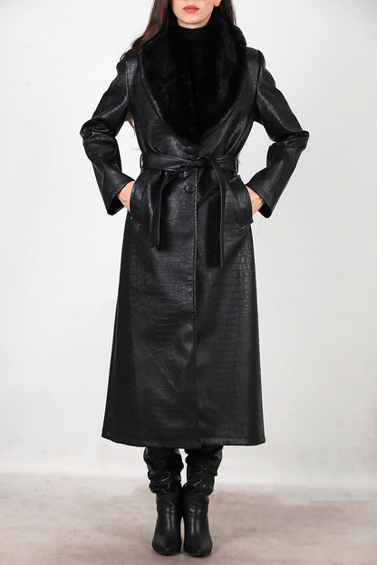 Kadın Timsah Desen Yakası Kürklü Uzun Deri Kaban Siyah