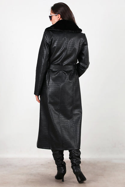 Kadın Timsah Desen Yakası Kürklü Uzun Deri Kaban Siyah