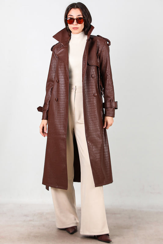 Kadın Kuşaklı Timsah Desen Uzun Deri Kaban Kahverengi