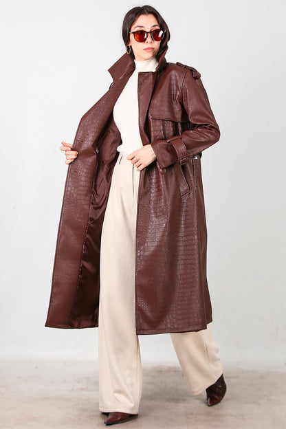 Kadın Kuşaklı Timsah Desen Uzun Deri Kaban Kahverengi