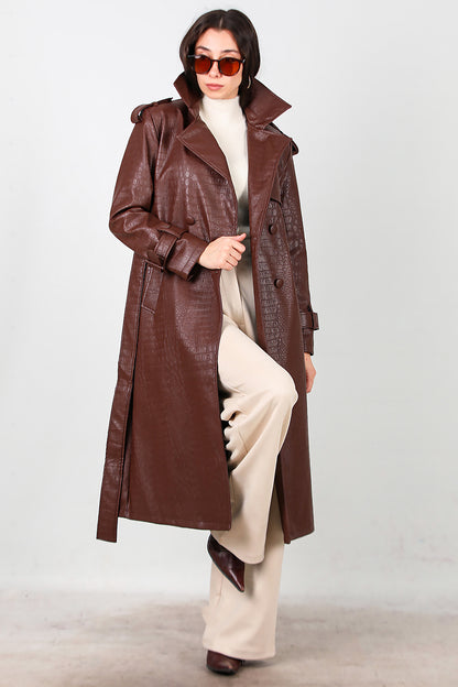 Kadın Kuşaklı Timsah Desen Uzun Deri Kaban Kahverengi