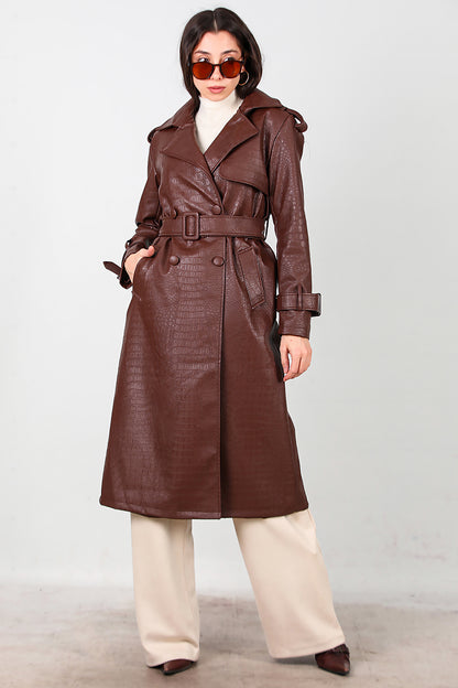 Kadın Kuşaklı Timsah Desen Uzun Deri Kaban Kahverengi