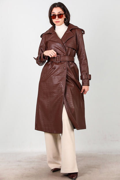 Kadın Kuşaklı Timsah Desen Uzun Deri Kaban Kahverengi