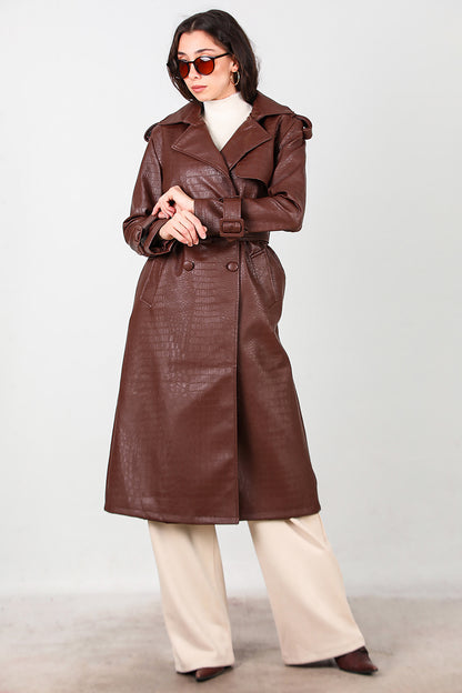 Kadın Kuşaklı Timsah Desen Uzun Deri Kaban Kahverengi