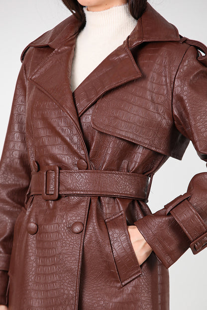 Kadın Kuşaklı Timsah Desen Uzun Deri Kaban Kahverengi