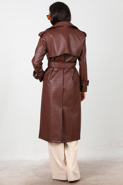 Kadın Kuşaklı Timsah Desen Uzun Deri Kaban Kahverengi