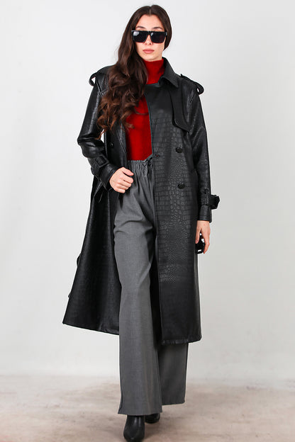 Kadın Kuşaklı Timsah Desen Uzun Deri Kaban Siyah