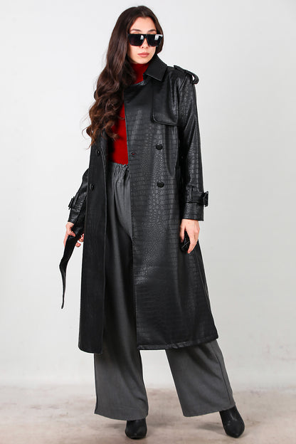 Kadın Kuşaklı Timsah Desen Uzun Deri Kaban Siyah