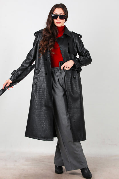 Kadın Kuşaklı Timsah Desen Uzun Deri Kaban Siyah