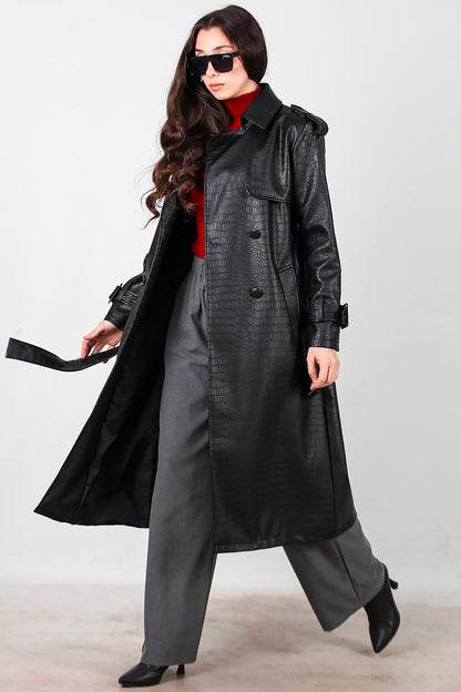 Kadın Kuşaklı Timsah Desen Uzun Deri Kaban Siyah