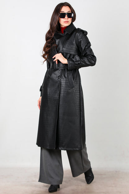 Kadın Kuşaklı Timsah Desen Uzun Deri Kaban Siyah