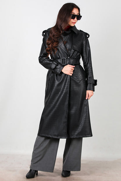 Kadın Kuşaklı Timsah Desen Uzun Deri Kaban Siyah