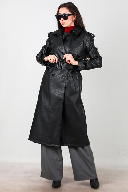 Kadın Kuşaklı Timsah Desen Uzun Deri Kaban Siyah