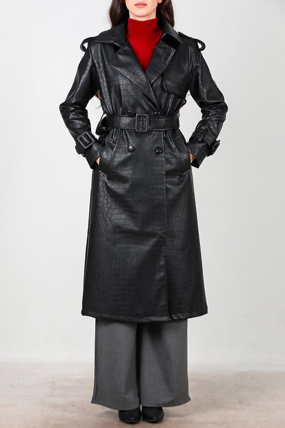 Kadın Kuşaklı Timsah Desen Uzun Deri Kaban Siyah