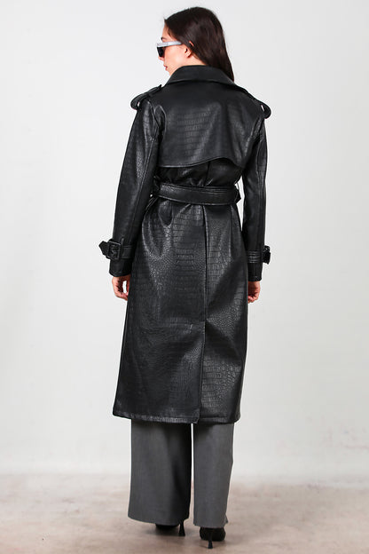 Kadın Kuşaklı Timsah Desen Uzun Deri Kaban Siyah