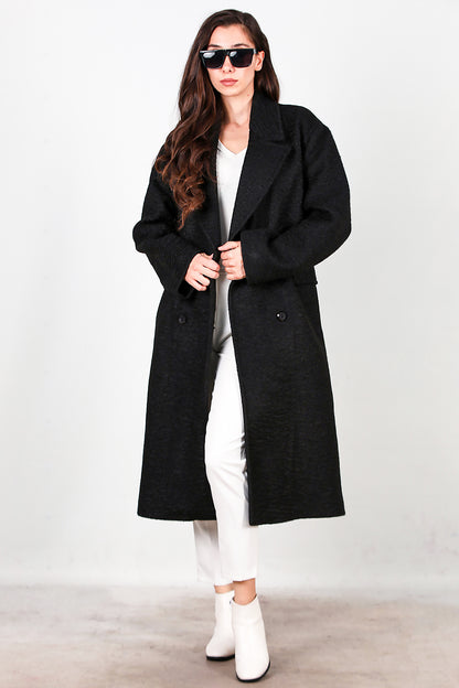 Kadın Önü Düğmeli Uzun Kaşe Kaban Siyah