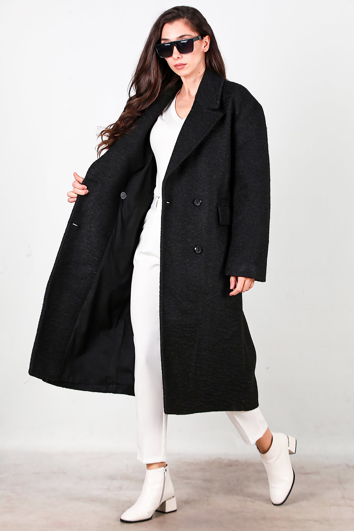Kadın Önü Düğmeli Uzun Kaşe Kaban Siyah