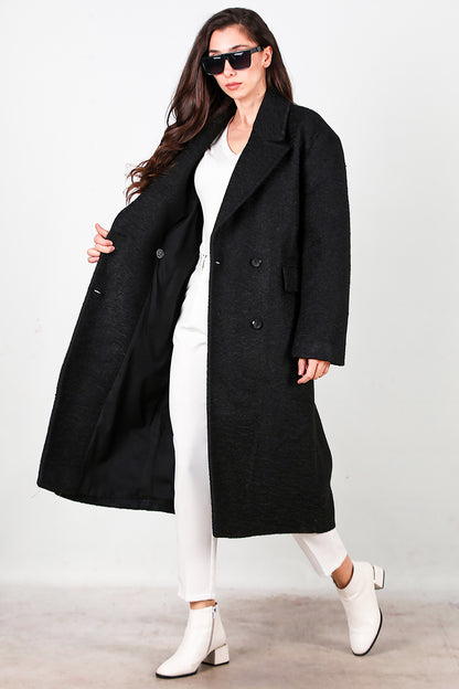 Kadın Önü Düğmeli Uzun Kaşe Kaban Siyah