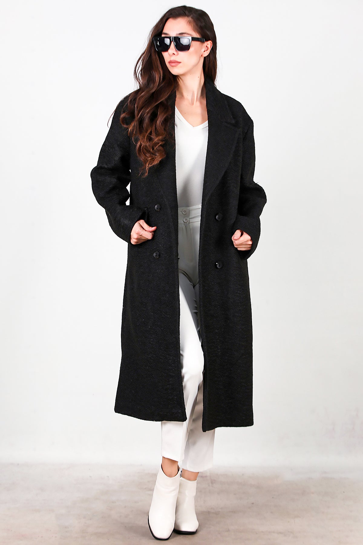 Kadın Önü Düğmeli Uzun Kaşe Kaban Siyah