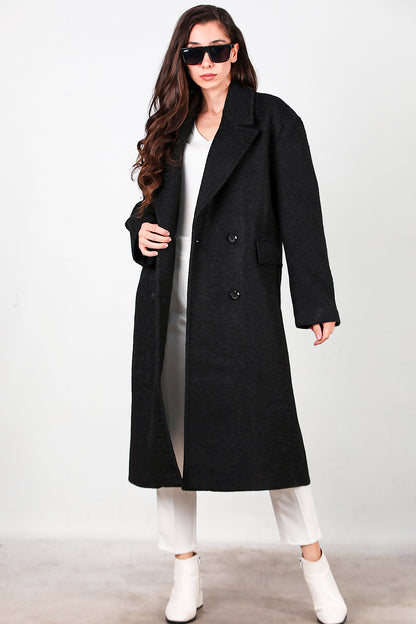 Kadın Önü Düğmeli Uzun Kaşe Kaban Siyah