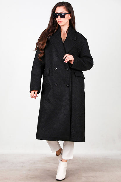 Kadın Önü Düğmeli Uzun Kaşe Kaban Siyah