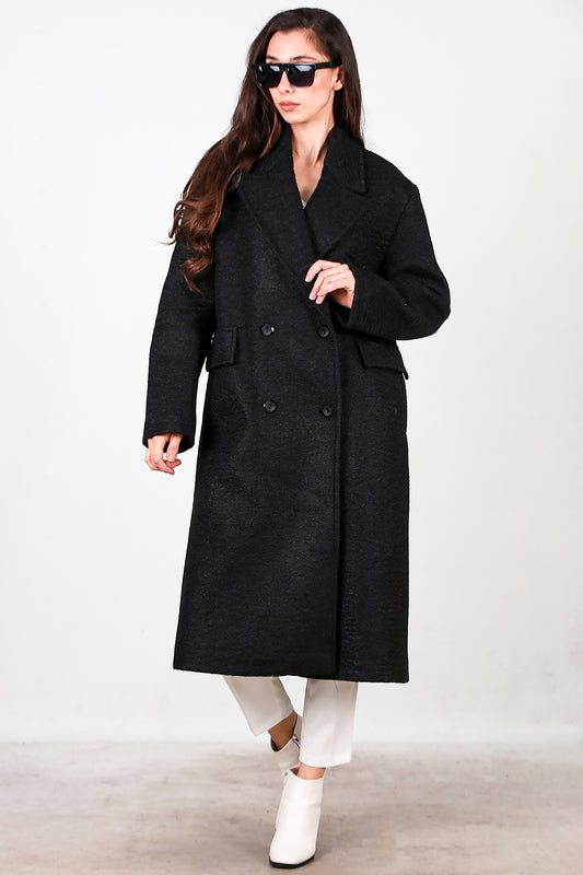 Kadın Önü Düğmeli Uzun Kaşe Kaban Siyah