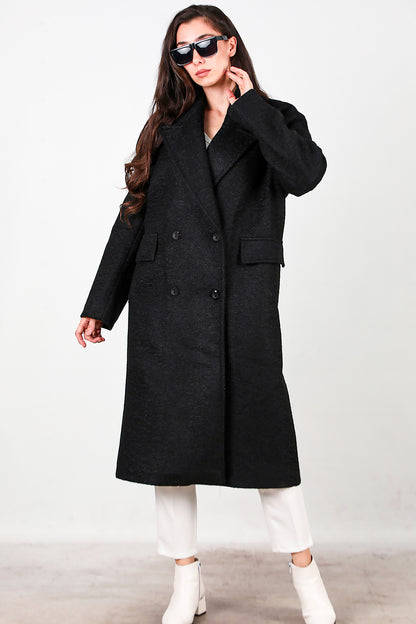 Kadın Önü Düğmeli Uzun Kaşe Kaban Siyah