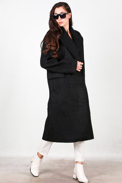 Kadın Önü Düğmeli Uzun Kaşe Kaban Siyah