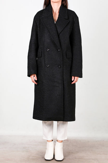 Kadın Önü Düğmeli Uzun Kaşe Kaban Siyah