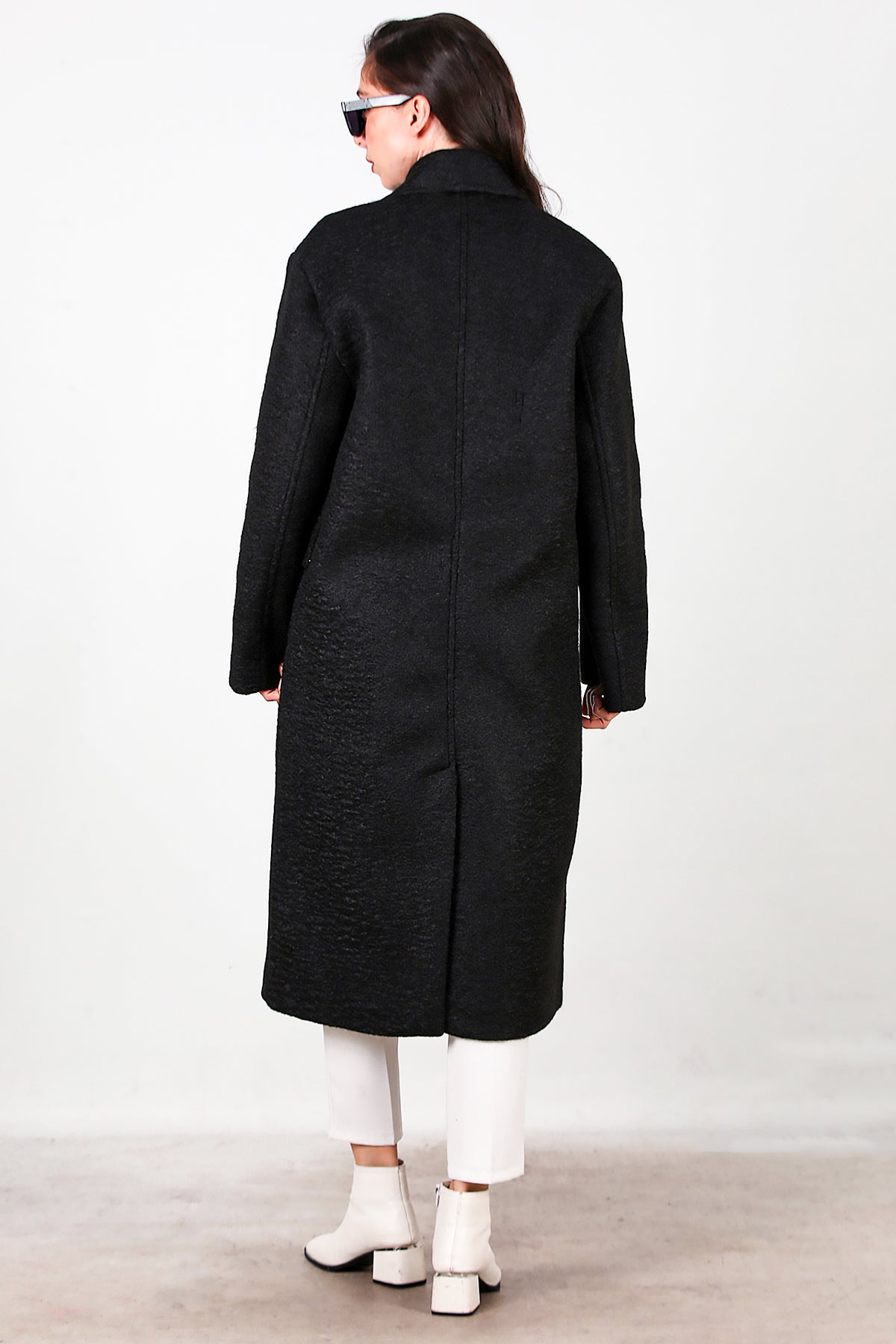 Kadın Önü Düğmeli Uzun Kaşe Kaban Siyah